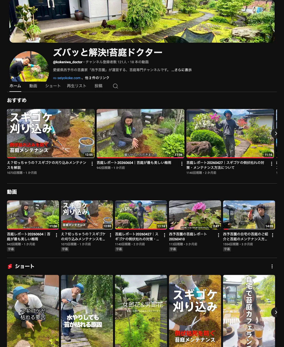 ズバッと解決!苔庭ドクターのYouTubeチャンネル画面。苔庭のメンテナンス動画が並んでいる